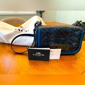 Coach Snake Skin Blue Leather Clutch With Metal Shoulder Strap